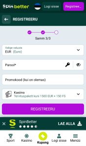 Vali valuuta ja loo parool